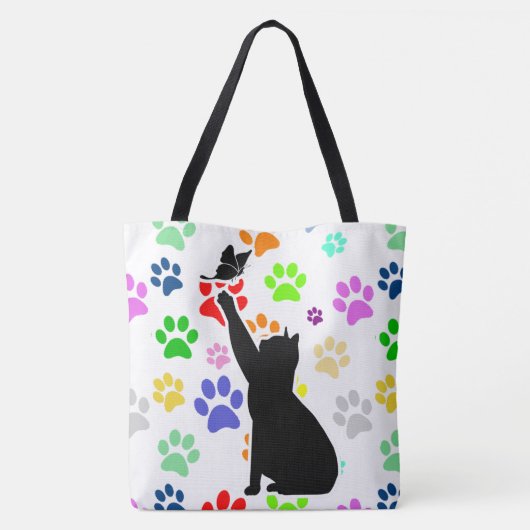 Kute Paw Pattern Cat Chasing a vlinder Tote Bag (Achterkant)
