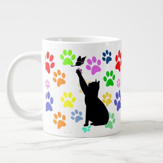 Kute Paw Pattern en Cat Chasing a vlinder Grote Koffiekop (Links)