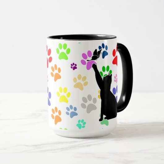Kute Paw Pattern en Cat Chasing a vlinder Mok (Voorkant rechts)