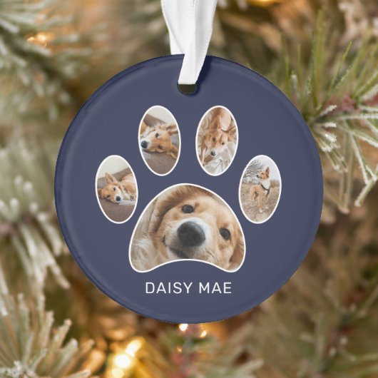 Kute Paw Print Pet Naam Jaar Foto Collage Blauw Ornament (Boom)