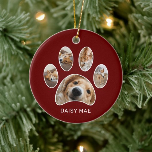 Kute Paw Print Pet Naam Jaar Foto Collage Rood Keramisch Ornament (Boom)