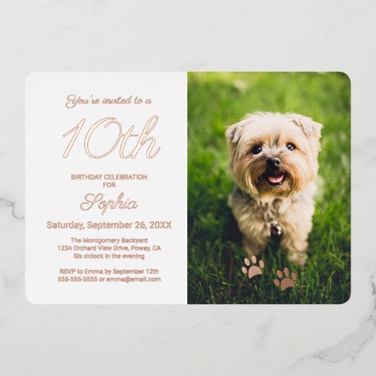 Kute Paw Prints Pet Birthday Roos Gold Folie Uitnodiging (Voorkant)