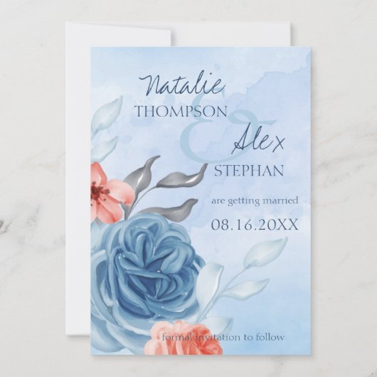 Kute Peach Blue Floral Photo Wedde Save the Date Aankondiging (Achterkant)