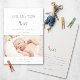 Kute Peach Floral Photo Girl Birth Notice Bedankkaart