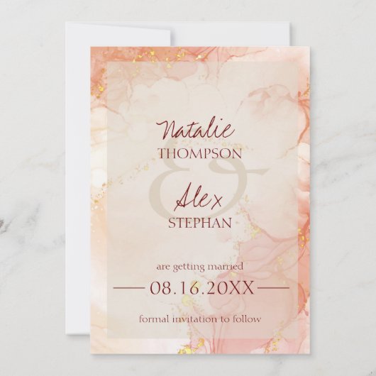 Kute Peach Gold Marble Photo Weddenschap Save the  Aankondiging (Achterkant)