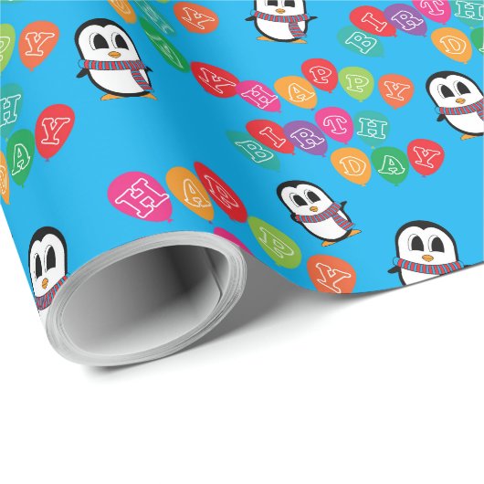 Kute Penguin & Balloons Birthday Wrapping Paper Cadeaupapier (Rol Hoek)