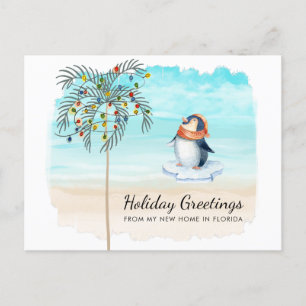 Kute Penguin Beach Scene Palm Tree Holiday Movemen Aankondigingskaart