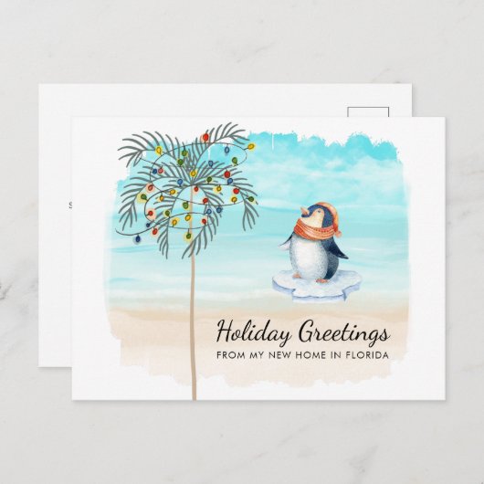 Kute Penguin Beach Scene Palm Tree Holiday Movemen Aankondigingskaart (Voorkant / Achterkant)