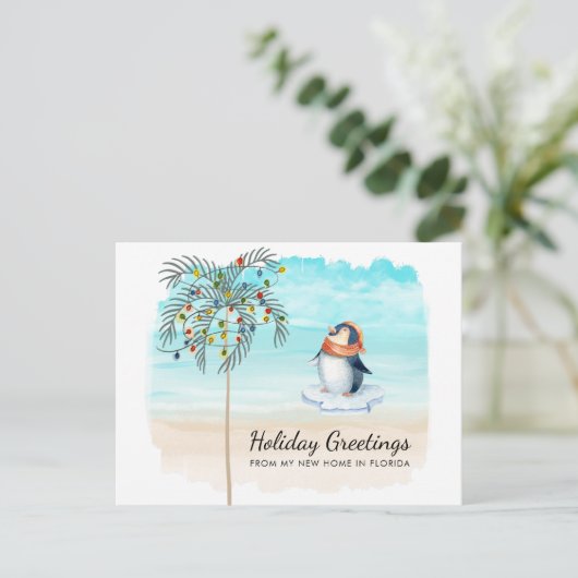 Kute Penguin Beach Scene Palm Tree Holiday Movemen Aankondigingskaart (Staand voorkant)