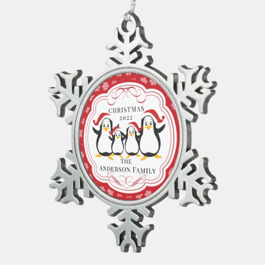 Kute Penguins Familie van 4 kerstversiering Tin Sneeuwvlok Ornament (Rechts)