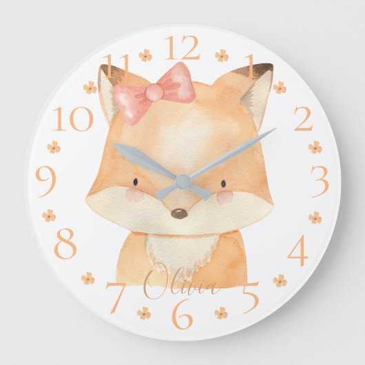 Kute Personalized Waterverf Baby Fox met Naam Grote Klok (Voorkant)