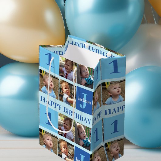 Kute Personated Birthday Boys Photo Collage Blue Medium Cadeauzakje