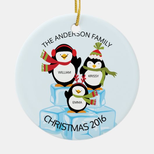 Kute persoonlijke familie van 3 pinguïns kerstmis keramisch ornament (Voorkant)