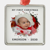 Kute persoonlijke foto naam jaar eerste Kerstmis Metalen Ornament (Voorkant)