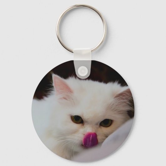Kute Perzische witte kat met tong Sleutelhanger (Voorkant)