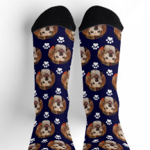 Kute Pet Photo Paw Print Custom Navy Sokken