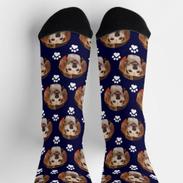 Kute Pet Photo Paw Print Custom Navy Sokken