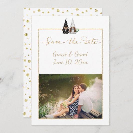 Kute Photo Gnome Flat Save the Date Card (Voorkant / Achterkant)