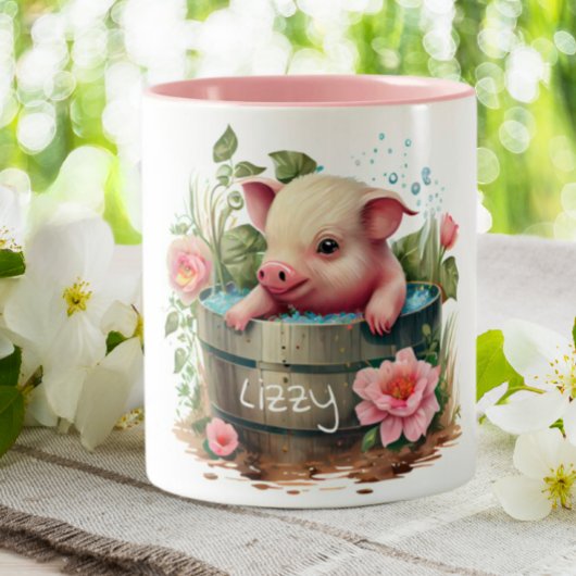 Kute pig in een Emmer Roze Bloemen Aangepast Tweekleurige Koffiemok