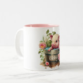 Kute pig in een Emmer Roze Bloemen Aangepast Tweekleurige Koffiemok (Voorkant links)