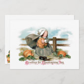 Kute Pilgrim Girl met pompoenen Feestdagenkaart (Voorkant / Achterkant)