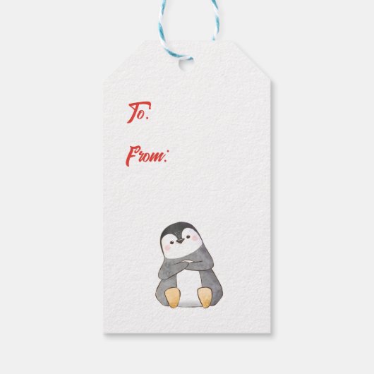 Kute pinguïns in de rode kersttas cadeaulabel (Achterkant)