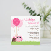 Kute Pink Owl Balloons Birthday Invitation Kaart (Staand voorkant)