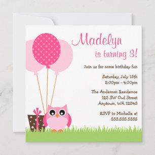 Kute Pink Owl Balloons Birthday Invitation Kaart