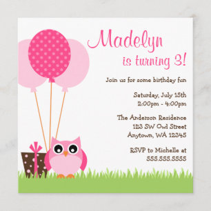 Kute Pink Owl Balloons Birthday Invitation Kaart