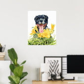 Kute Pitbull Dog in gele bloemtuin Poster (Thuiskantoor)