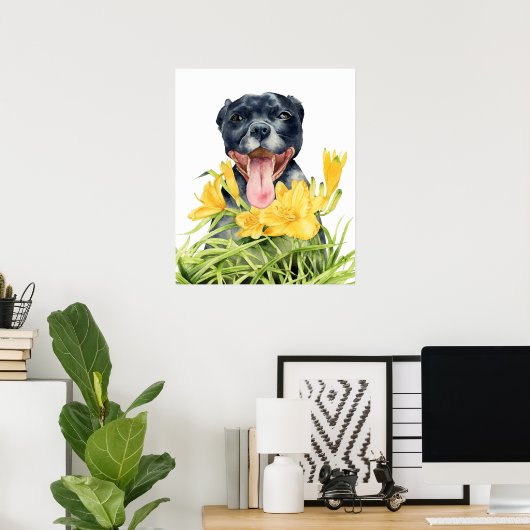 Kute Pitbull Dog in gele bloemtuin Poster (Thuiskantoor)