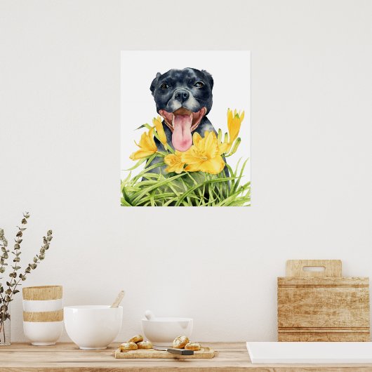 Kute Pitbull Dog in gele bloemtuin Poster (Keuken)