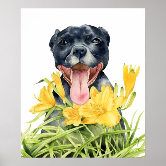 Kute Pitbull Dog in gele bloemtuin Poster (Voorkant)