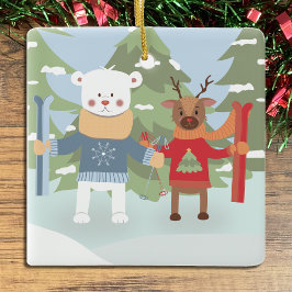 Kute poar Beer en rendier met skis Ornament