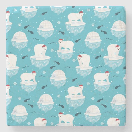 Kute Polar-beren in Santa Hats-kerstpatroon Stenen Onderzetter (Voorkant)