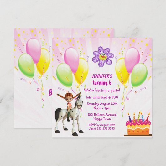 Kute Pony, Cake & Balloons Birthday Party Invites Kaart (Voorkant / Achterkant)