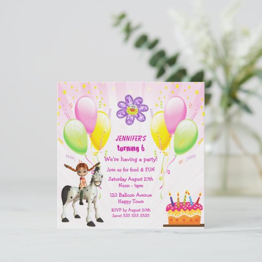 Kute Pony, Cake & Balloons Birthday Party Invites Kaart (Staand voorkant)