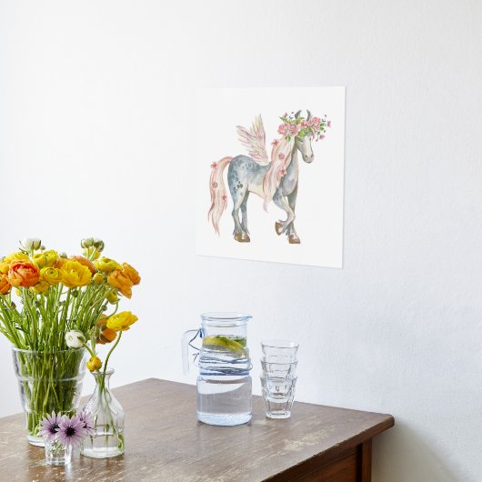 Kute Pony met neerslag en bloemen Folie Afdrukken (Laag (Keuken))