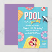 Kute Pool Party Birthday Invitation | Blauw Paars Kaart (Voorkant / Achterkant)