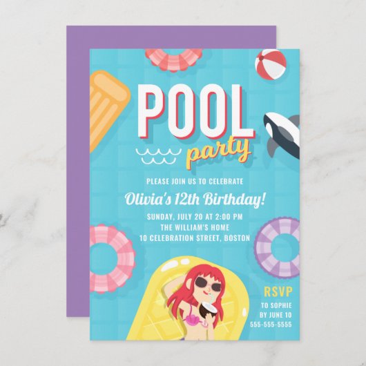 Kute Pool Party Birthday Invitation | Blauw Paars Kaart (Voorkant / Achterkant)