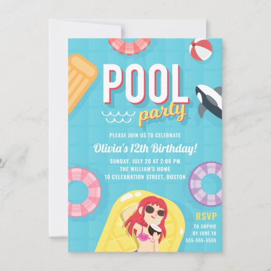 Kute Pool Party Birthday Invitation | Blauw Paars Kaart (Voorkant)