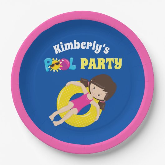 Kute Pool Party Swimming Birthday Girl Custom Papieren Bordje (Voorkant)