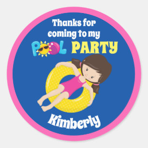 Kute Pool Party Swimming Birthday Girl Custom Ronde Sticker