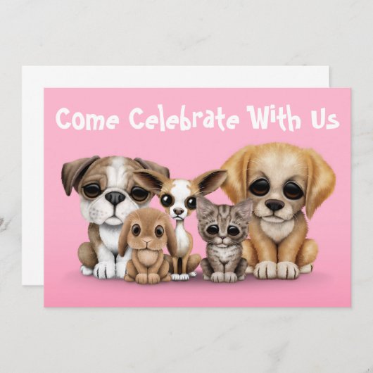Kute Puppies, Kitten en Bunny Pet Portret Roze Kaart (Voorkant / Achterkant)