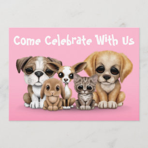 Kute Puppies, Kitten en Bunny Pet Portret Roze Kaart