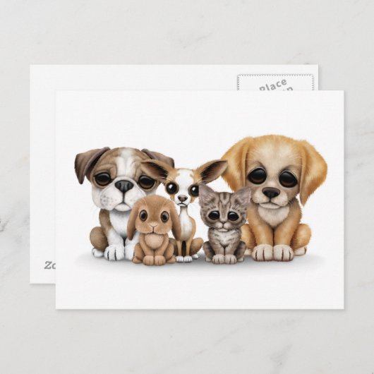 Kute Puppies, Kitten en Bunny Pet Portret White Briefkaart (Voorkant / Achterkant)