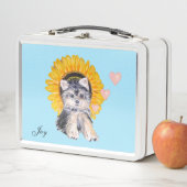 Kute puppy dog, sunflower and hearts on light blue (In situ)