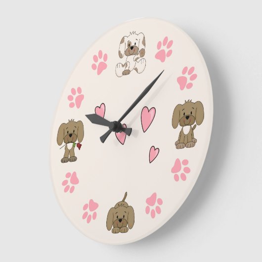 Kute puppy-honden, roze verfdrukken en roze harten grote klok (Hoek)