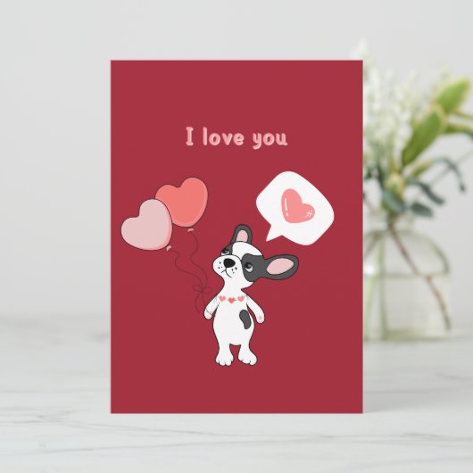 Kute puppy met ballonnen en harten Valentijnsdag Feestdagenkaart (Staand voorkant)