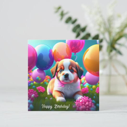 Kute puppy met ballonnen - jarig (Staand voorkant)